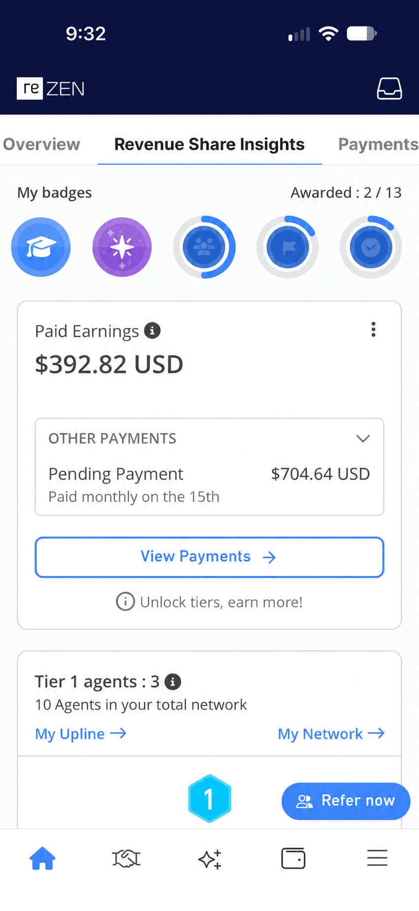 REAL revenue share insights showing $392.82 in paid earnings and $704.64 pending
