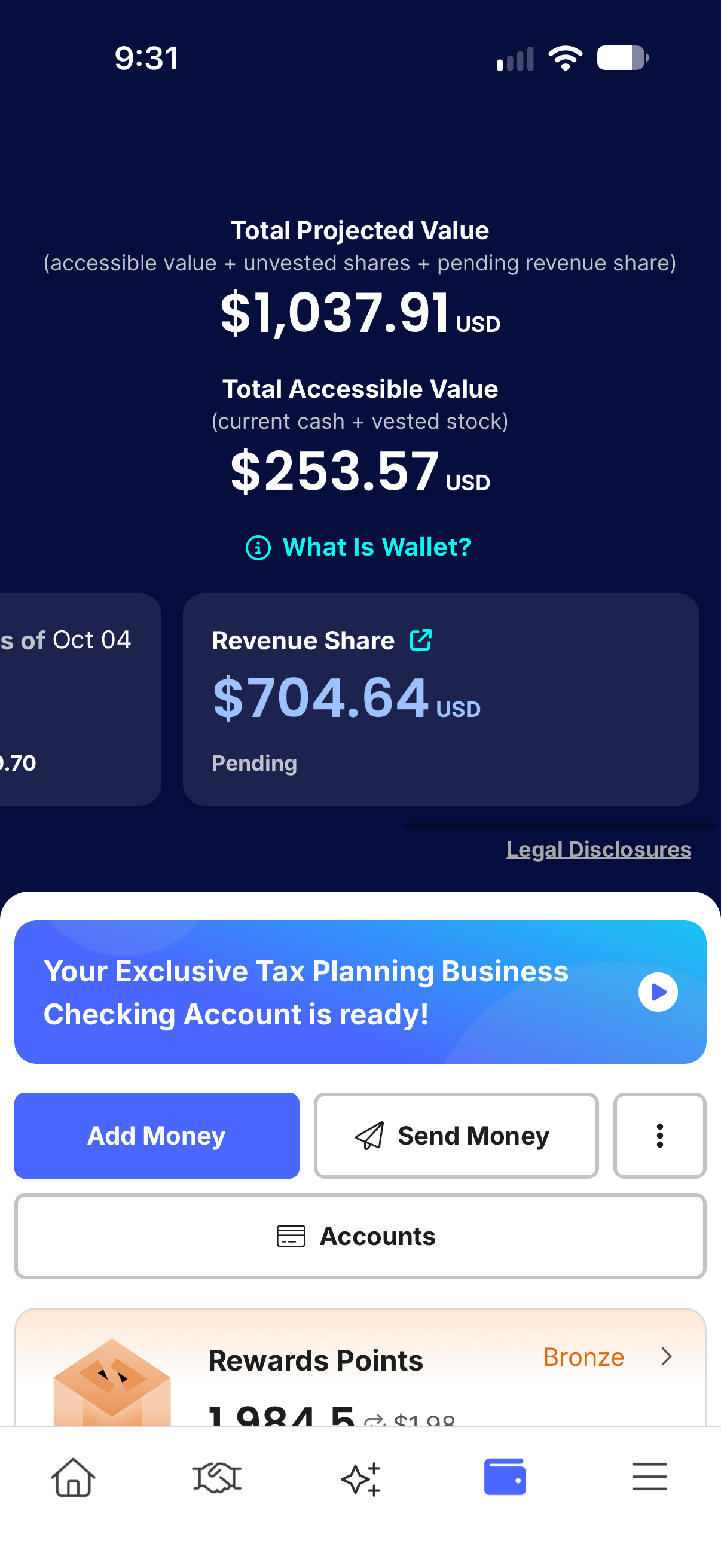 REAL wallet showing $704.64 in pending revenue share