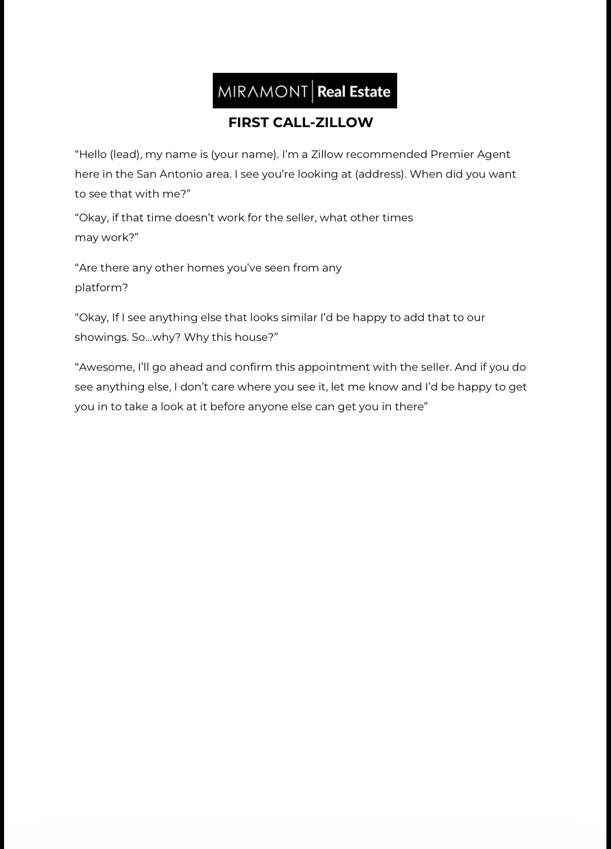 Original Miramont First Call–Zillow sample script. A readable transcription is available using the button above.